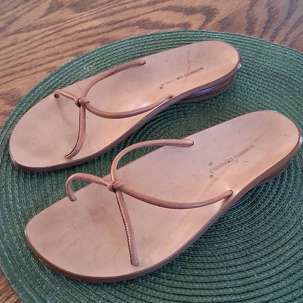 Roberto Del Carlo Tan Leather Minimalist Contemporary Euro Summer Sandals Sz 36